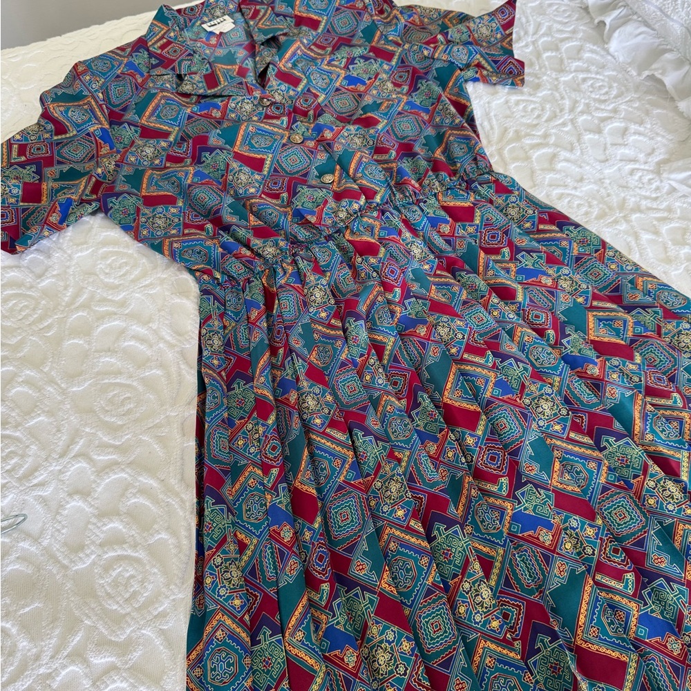 Vintage 80s Geometric Patterned Midi Dress Size Large
